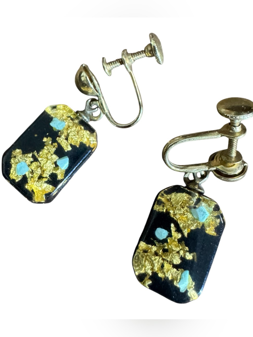 Vintage Screw Back Earrings Black Lucite Gold Foil Turquoise Color Chip Dangle